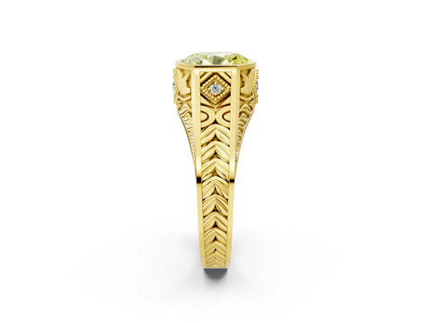 Yellow gold Hexagonal Bezel Fancy Yellow Oval Cut Diamond Engraved Band Prong Ring_2