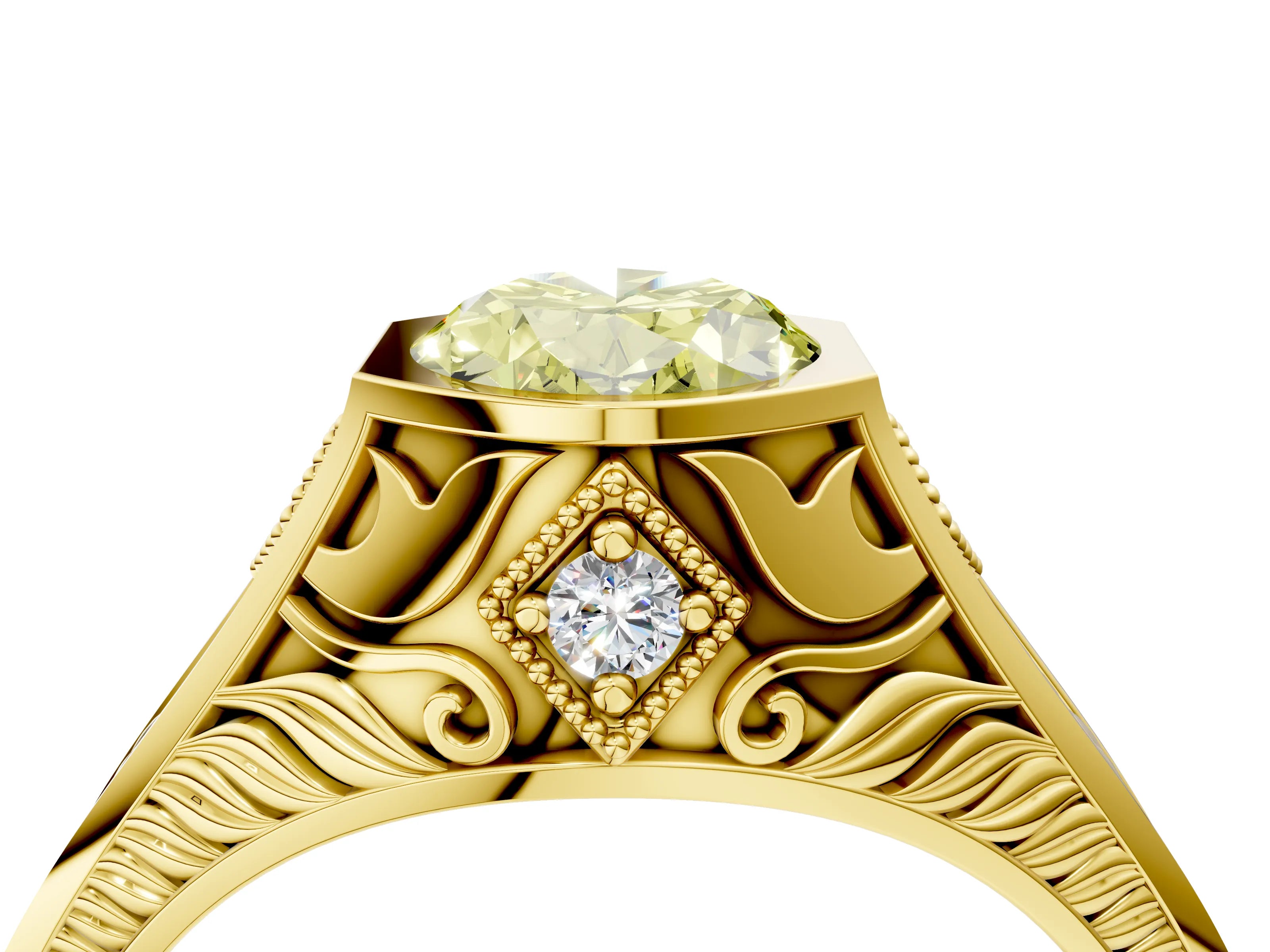 Yellow gold Hexagonal Bezel Fancy Yellow Oval Cut Diamond Engraved Band Prong Ring_4