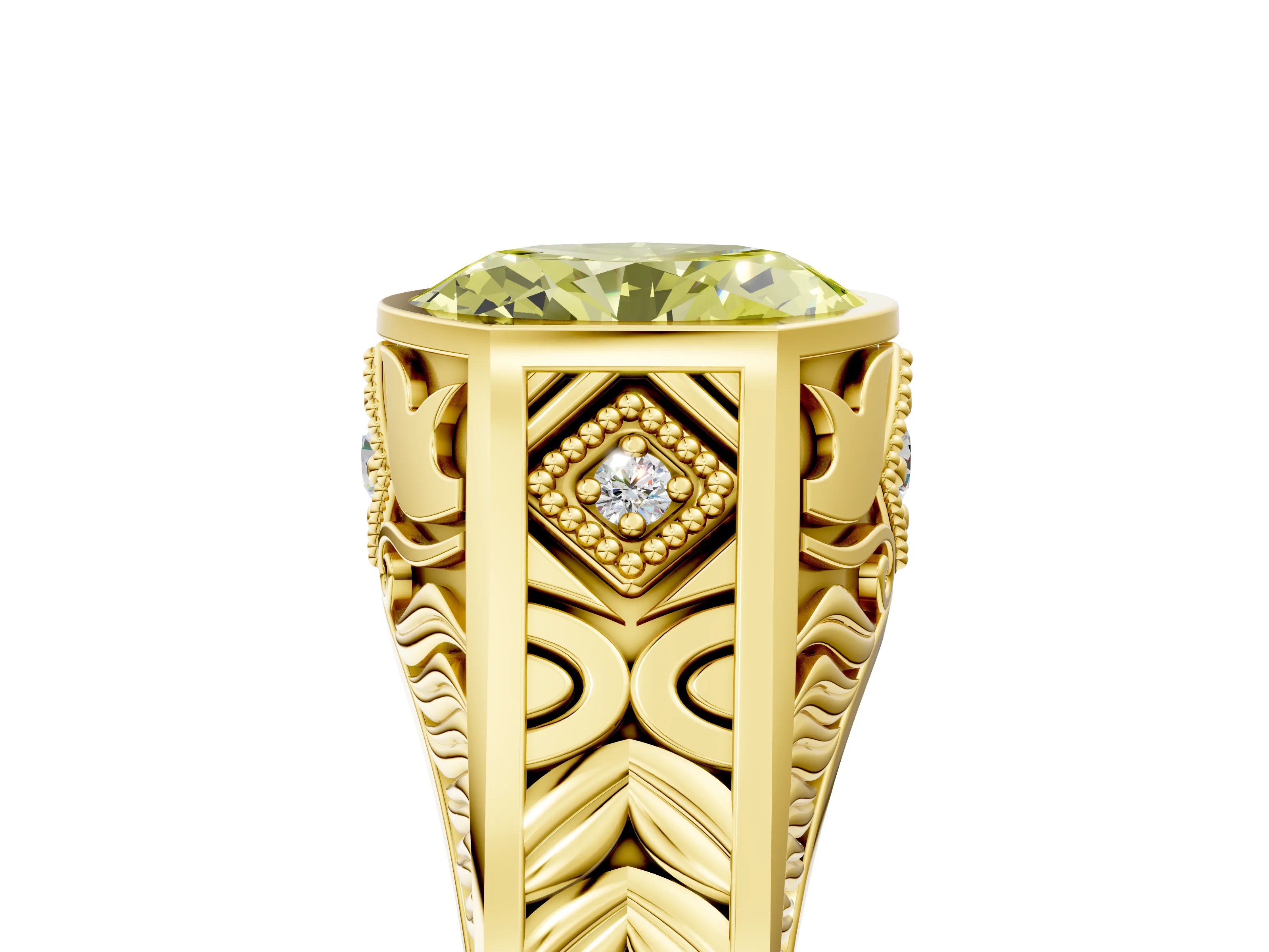 Yellow gold Hexagonal Bezel Fancy Yellow Oval Cut Diamond Engraved Band Prong Ring_5