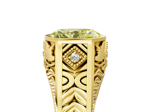 Yellow gold Hexagonal Bezel Fancy Yellow Oval Cut Diamond Engraved Band Prong Ring_5