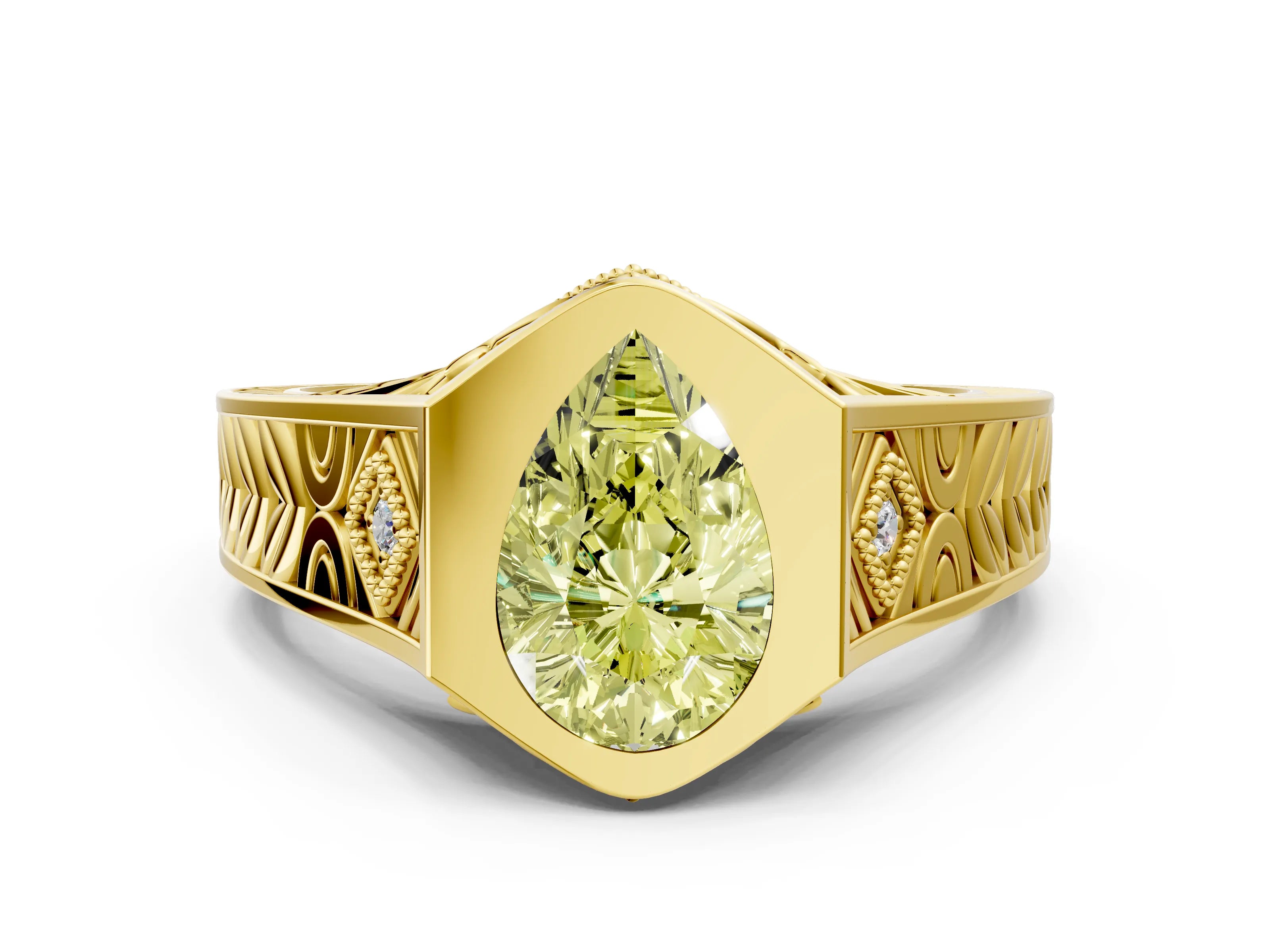 Yellow gold Hexagonal Bezel Fancy Yellow Pear Cut Diamond Engraved Band Prong Ring