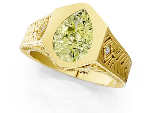 Yellow gold Hexagonal Bezel Fancy Yellow Pear Cut Diamond Engraved Band Prong Ring_1