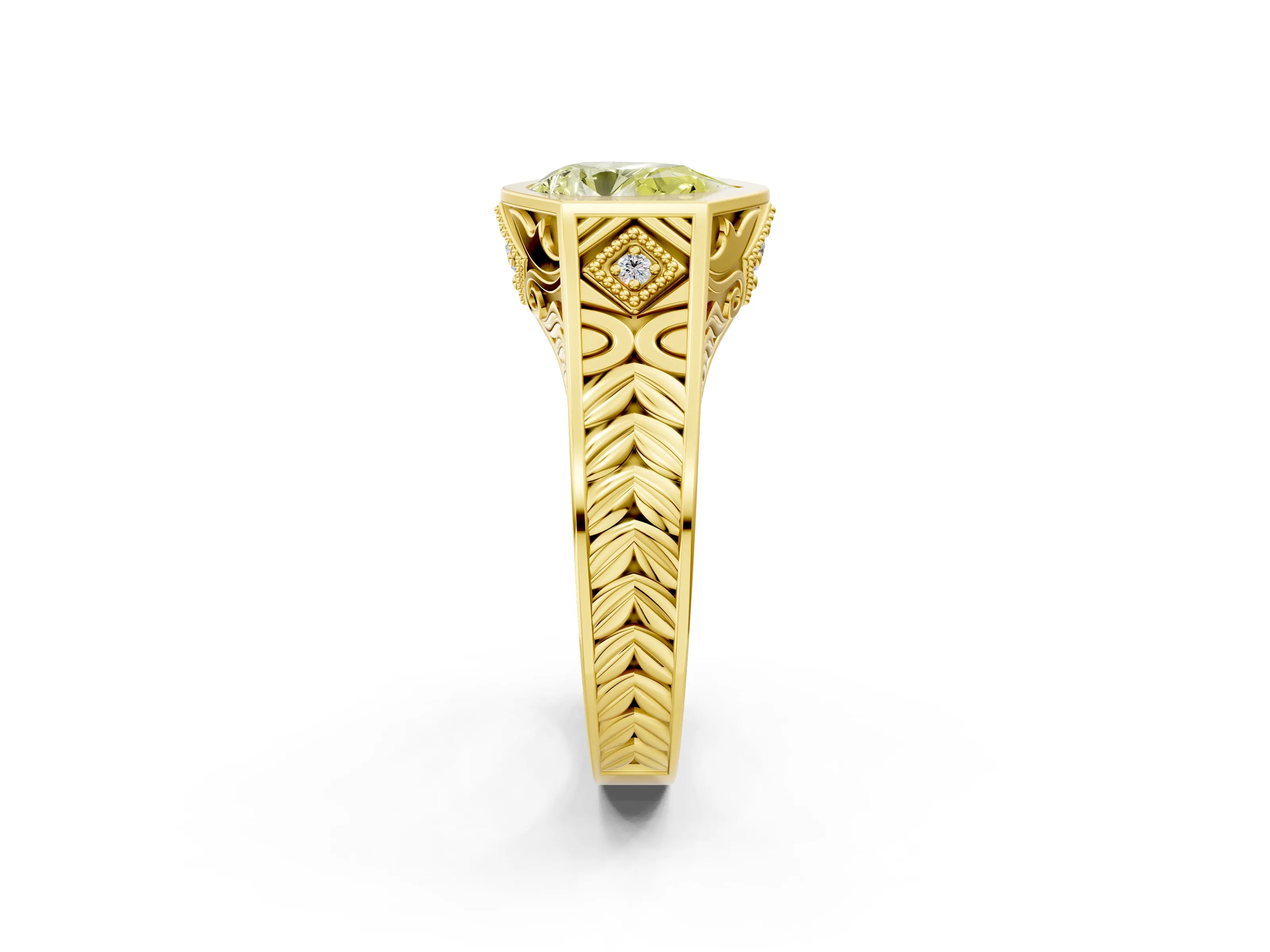 Yellow gold Hexagonal Bezel Fancy Yellow Pear Cut Diamond Engraved Band Prong Ring_2