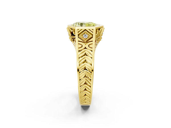 Yellow gold Hexagonal Bezel Fancy Yellow Pear Cut Diamond Engraved Band Prong Ring