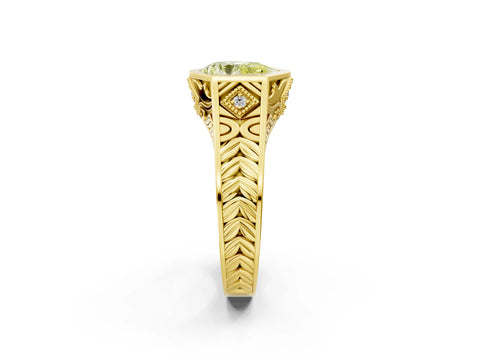 Yellow gold Hexagonal Bezel Fancy Yellow Pear Cut Diamond Engraved Band Prong Ring_2