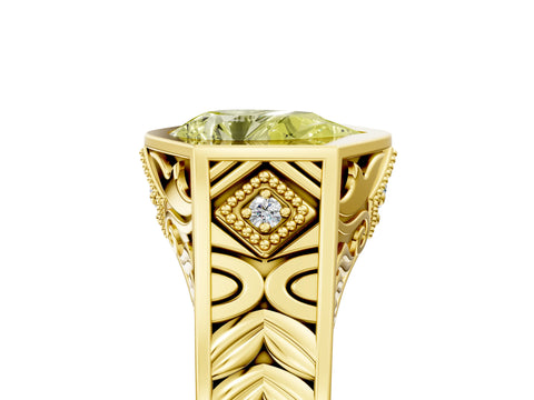 Yellow gold Hexagonal Bezel Fancy Yellow Pear Cut Diamond Engraved Band Prong Ring_5