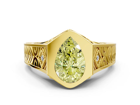 Yellow gold Hexagonal Bezel Fancy Yellow Pear Cut Diamond Engraved Band Prong Ring