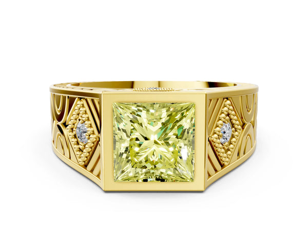 Yellow gold Hexagonal Bezel Fancy Yellow Princess Cut Diamond Engraved Band Prong Ring