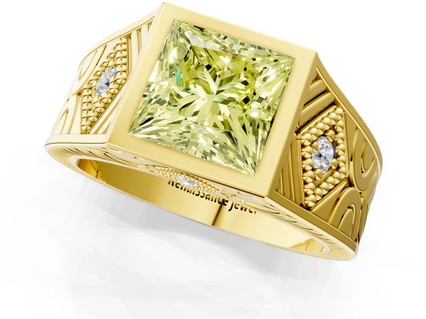 Yellow gold Hexagonal Bezel Fancy Yellow Princess Cut Diamond Engraved Band Prong Ring
