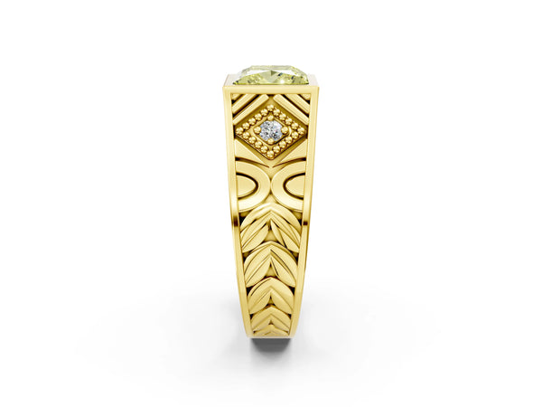 Yellow gold Hexagonal Bezel Fancy Yellow Princess Cut Diamond Engraved Band Prong Ring