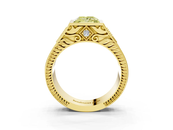 Yellow gold Hexagonal Bezel Fancy Yellow Princess Cut Diamond Engraved Band Prong Ring