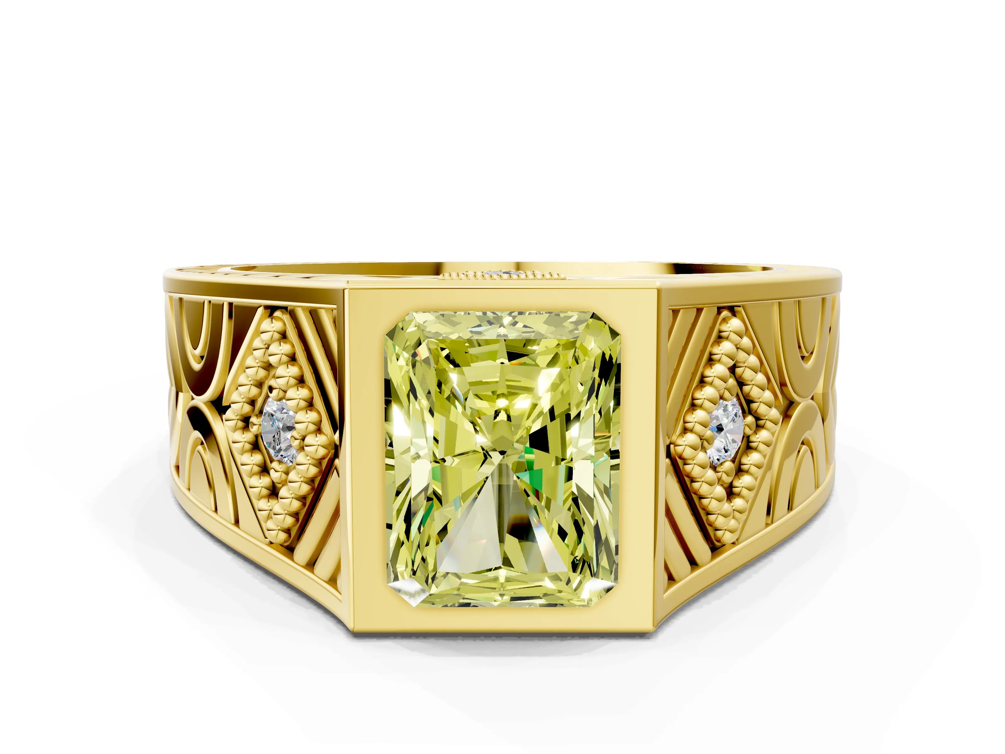 Yellow gold Hexagonal Bezel Fancy Yellow Radiant Cut Diamond Engraved Band Prong Ring_12