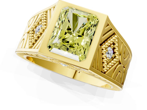 Yellow gold Hexagonal Bezel Fancy Yellow Radiant Cut Diamond Engraved Band Prong Ring_13