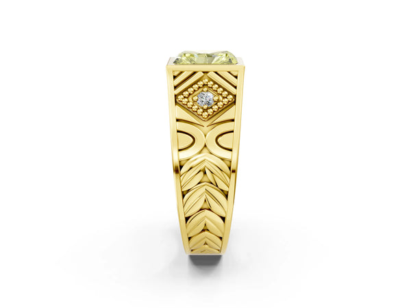 Yellow gold Hexagonal Bezel Fancy Yellow Radiant Cut Diamond Engraved Band Prong Ring