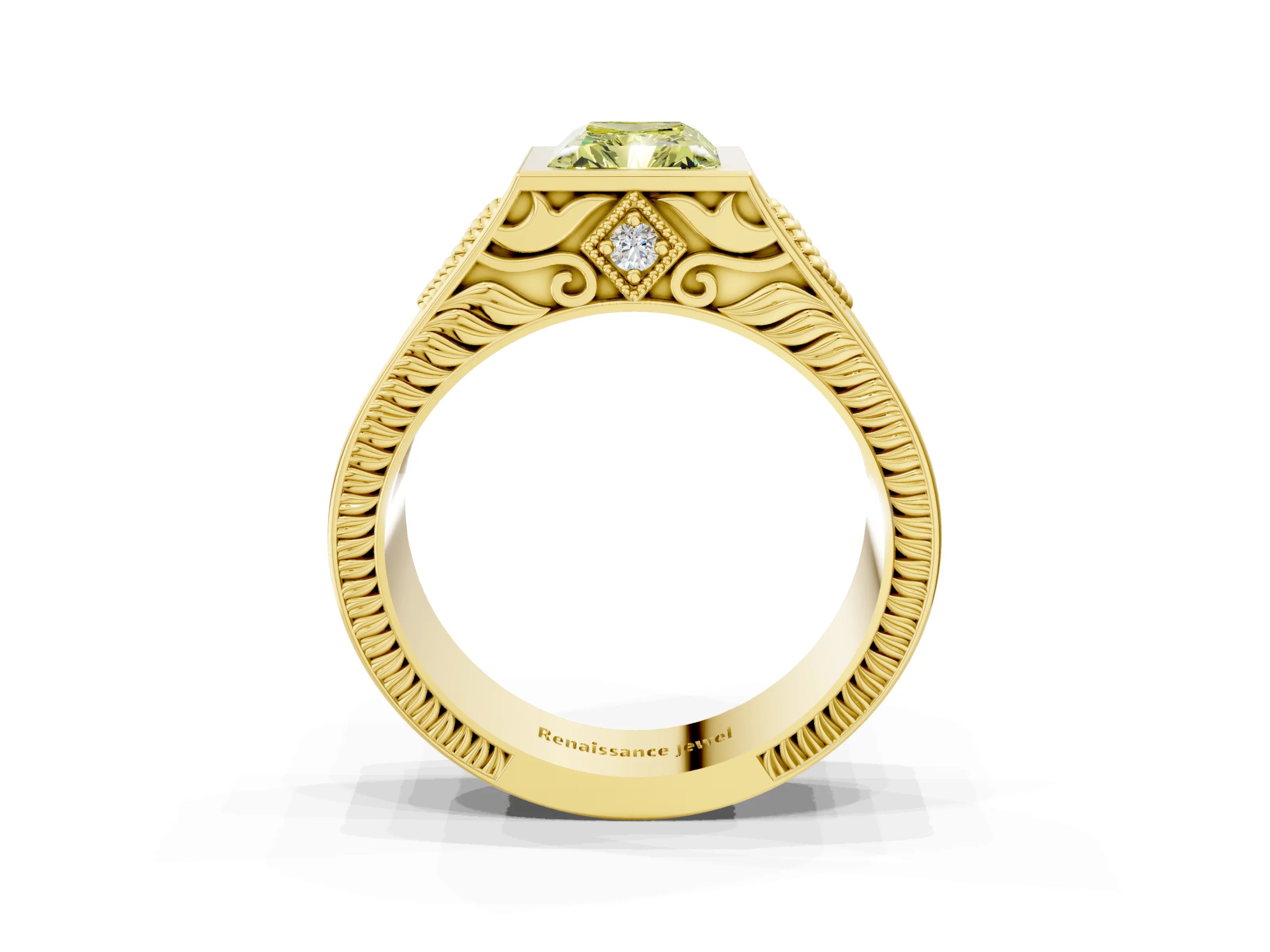 Yellow gold Hexagonal Bezel Fancy Yellow Radiant Cut Diamond Engraved Band Prong Ring_15