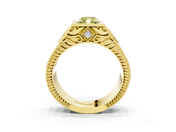 Yellow gold Hexagonal Bezel Fancy Yellow Radiant Cut Diamond Engraved Band Prong Ring