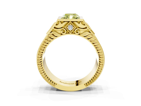 Yellow gold Hexagonal Bezel Fancy Yellow Radiant Cut Diamond Engraved Band Prong Ring_15