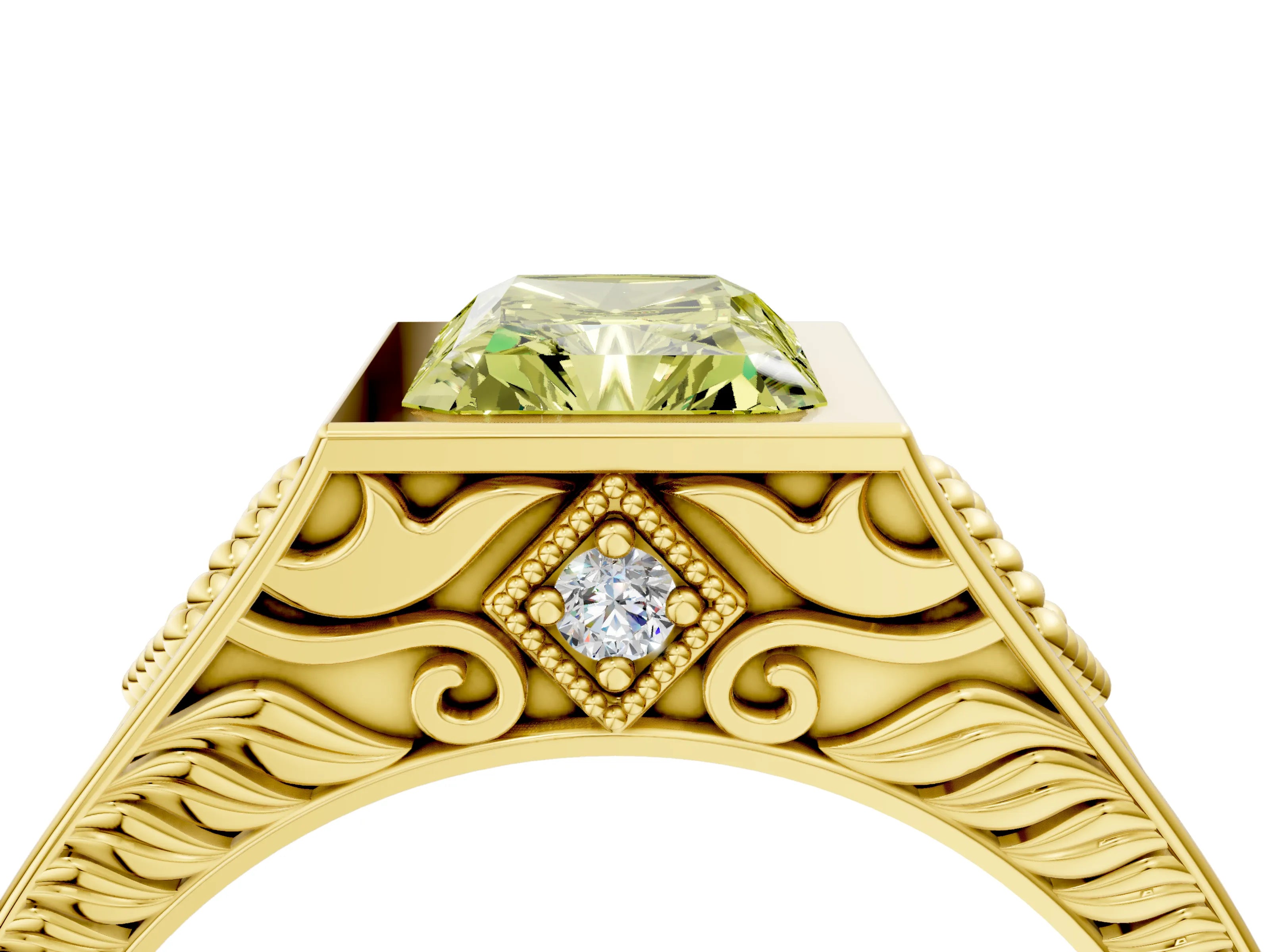 Yellow gold Hexagonal Bezel Fancy Yellow Radiant Cut Diamond Engraved Band Prong Ring_16
