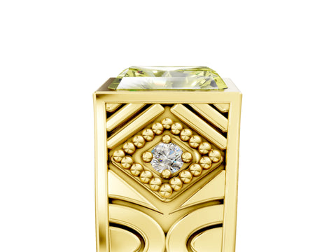 Yellow gold Hexagonal Bezel Fancy Yellow Radiant Cut Diamond Engraved Band Prong Ring_17
