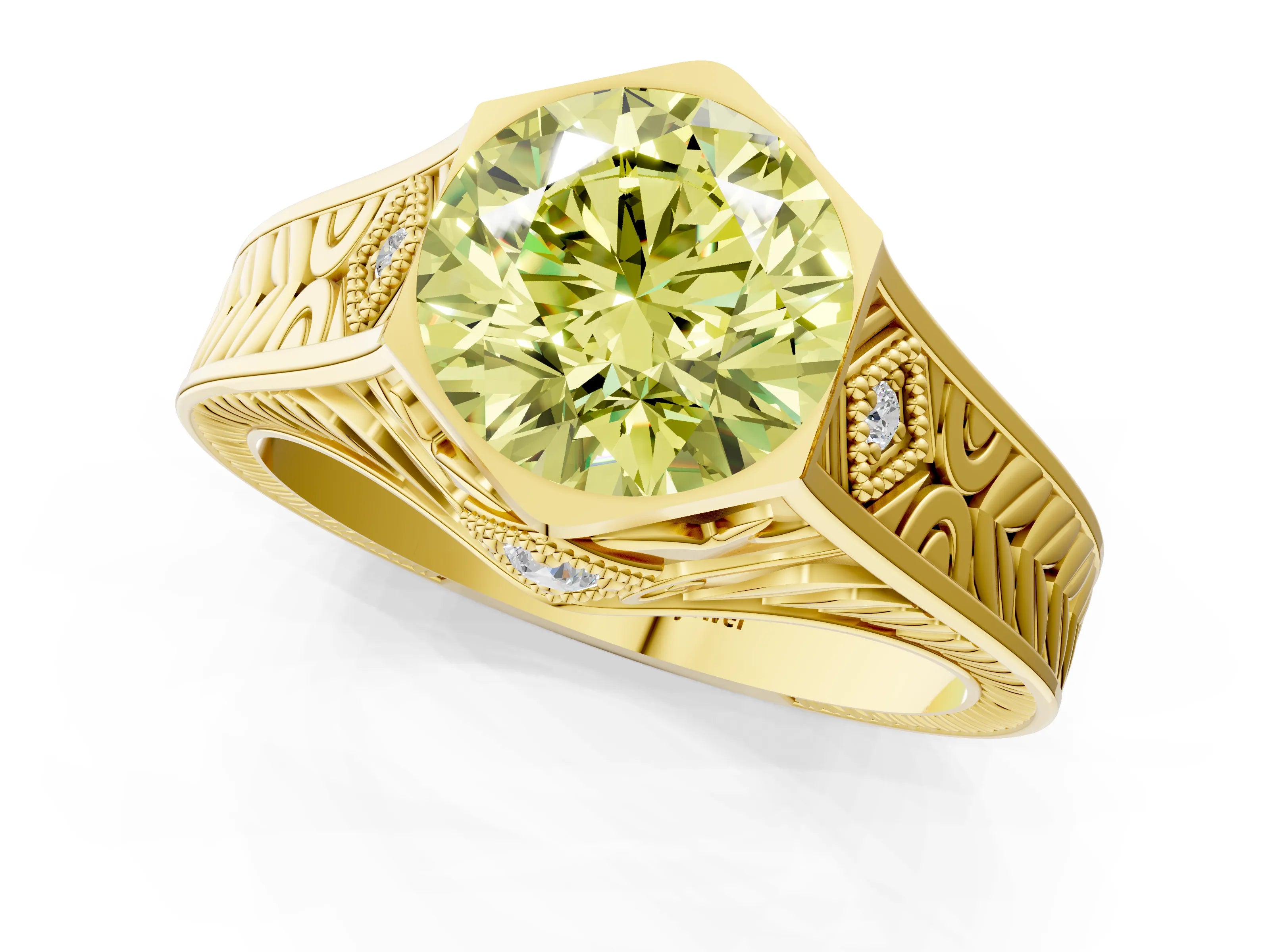 Yellow gold Hexagonal Bezel Fancy Yellow Round Cut Diamond Engraved Band Prong Ring_1