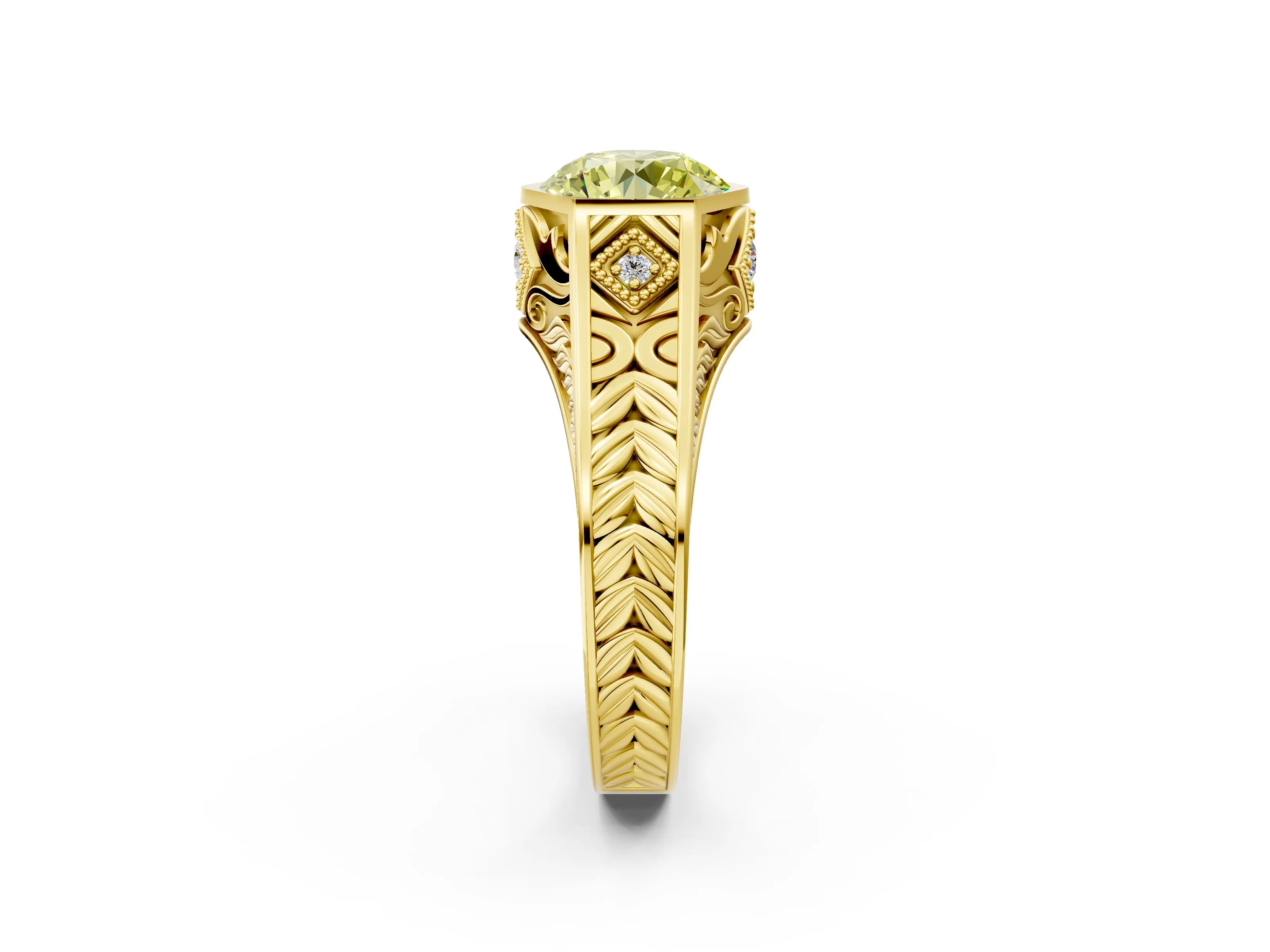 Yellow gold Hexagonal Bezel Fancy Yellow Round Cut Diamond Engraved Band Prong Ring_2