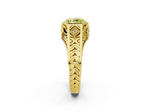 Yellow gold Hexagonal Bezel Fancy Yellow Round Cut Diamond Engraved Band Prong Ring_2
