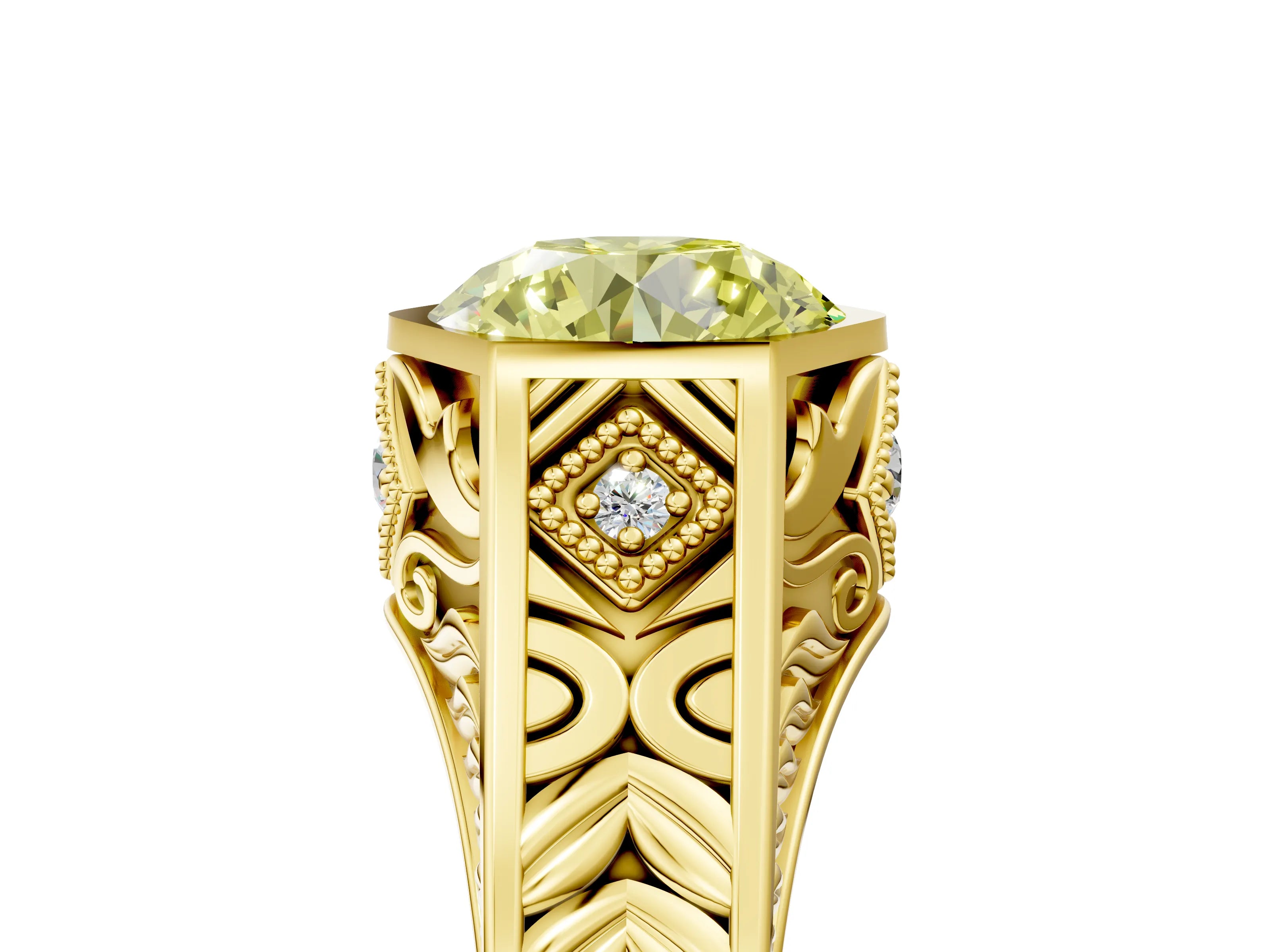 Yellow gold Hexagonal Bezel Fancy Yellow Round Cut Diamond Engraved Band Prong Ring_5