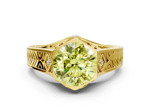 Yellow gold Hexagonal Bezel Fancy Yellow Round Cut Diamond Engraved Band Prong Ring