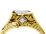 Yellow gold Hexagonal Bezel Heart Diamond Engraved Band Prong Ring_10