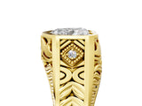 Yellow gold Hexagonal Bezel Heart Diamond Engraved Band Prong Ring_11