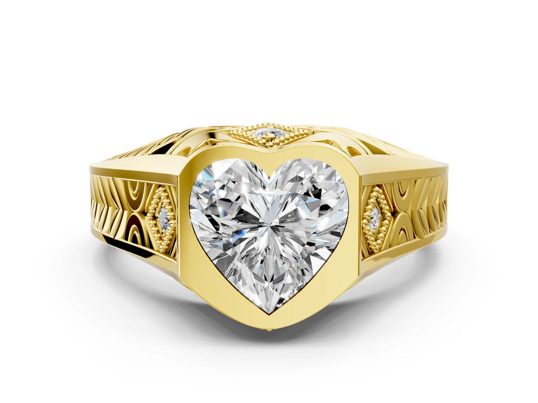 Yellow gold Hexagonal Bezel Heart Diamond Engraved Band Prong Ring_6