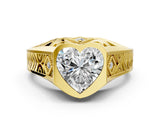 Yellow gold Hexagonal Bezel Heart Diamond Engraved Band Prong Ring_6