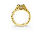 Yellow gold Hexagonal Bezel Heart Diamond Engraved Band Prong Ring_9