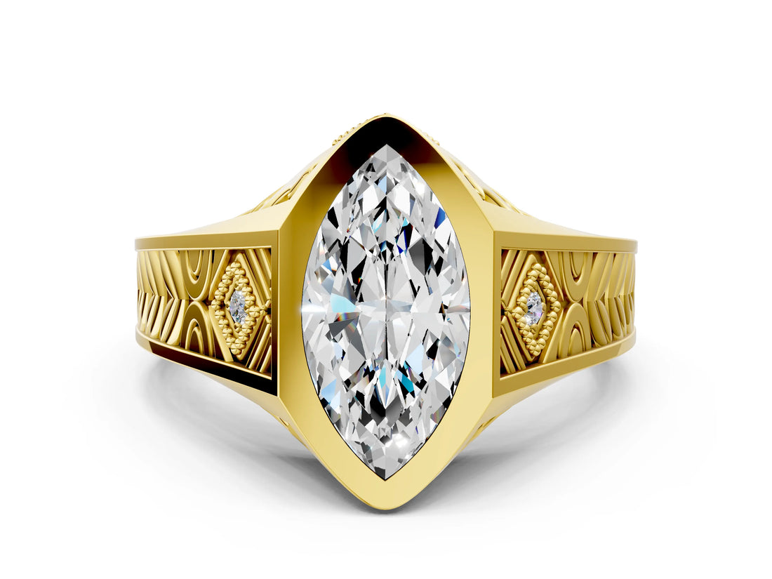 Yellow gold Hexagonal Bezel Marquise Diamond Engraved Band Prong Ring_6