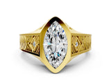 Yellow gold Hexagonal Bezel Marquise Diamond Engraved Band Prong Ring_6