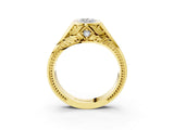 Yellow gold Hexagonal Bezel Marquise Diamond Engraved Band Prong Ring_9