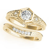 Yellow gold Hexagonal Bezel Oval Diamond Engraved Band Prong Ring 1