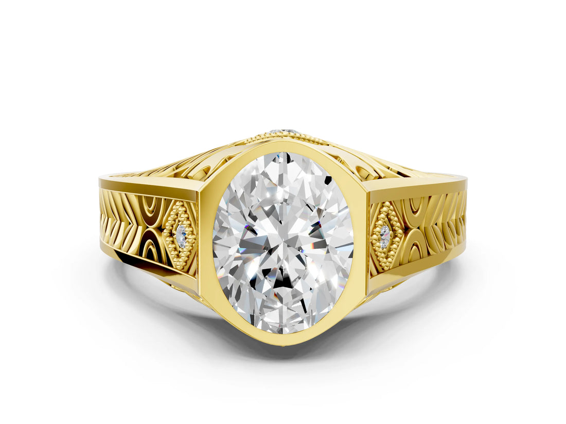 Yellow gold Hexagonal Bezel Oval Diamond Engraved Band Prong Ring_30