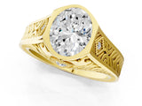 Yellow gold Hexagonal Bezel Oval Diamond Engraved Band Prong Ring_31