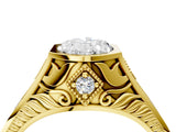 Yellow gold Hexagonal Bezel Oval Diamond Engraved Band Prong Ring_34