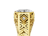 Yellow gold Hexagonal Bezel Oval Diamond Engraved Band Prong Ring_35