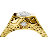 Yellow gold Hexagonal Bezel Pear Diamond Engraved Band Prong Ring_10