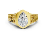 Yellow gold Hexagonal Bezel Pear Diamond Engraved Band Prong Ring_6