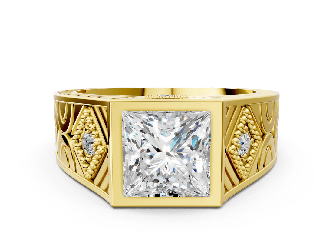 Yellow gold Hexagonal Bezel Princess Diamond Engraved Band Prong Ring_6