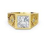 Yellow gold Hexagonal Bezel Princess Diamond Engraved Band Prong Ring_6