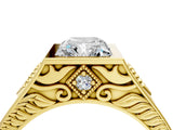 Yellow gold Hexagonal Bezel Radiant Diamond Engraved Band Prong Ring_10
