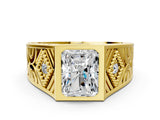 Yellow gold Hexagonal Bezel Radiant Diamond Engraved Band Prong Ring_6