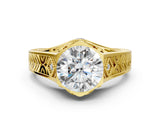 Yellow gold Hexagonal Bezel Round Diamond Engraved Band Prong Ring_30