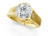 Yellow gold Hexagonal Bezel Round Diamond Engraved Band Prong Ring_31