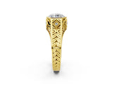 Yellow gold Hexagonal Bezel Round Diamond Engraved Band Prong Ring_32